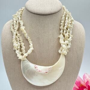 Vintage Nautilus Shell Carved MOP Chip Multistrand Necklace Tropic Beach Cruise